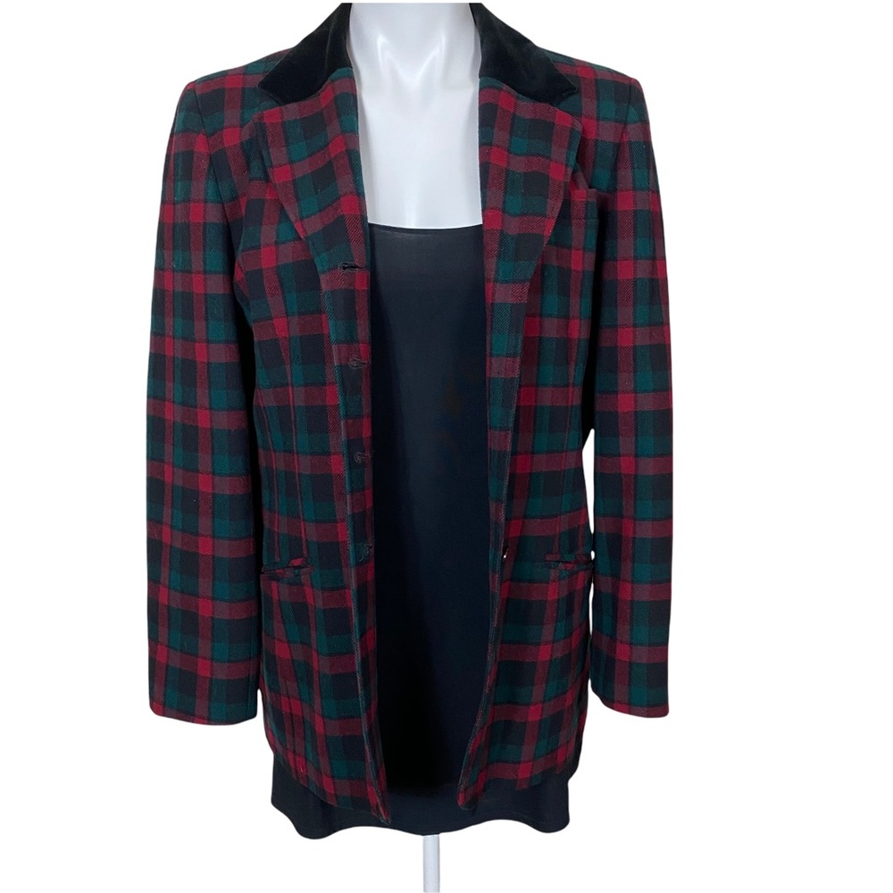 Vintage Red Green Wool Plaid Pendleton Blazer With Velvet Collar - Picture 5 of 13
